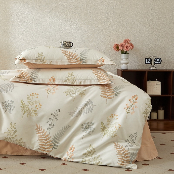 91家纺网 家纺一手货源 找家纺 沐白家居 2026新款亲肤舒适全棉印花四件套 叶时光-桔