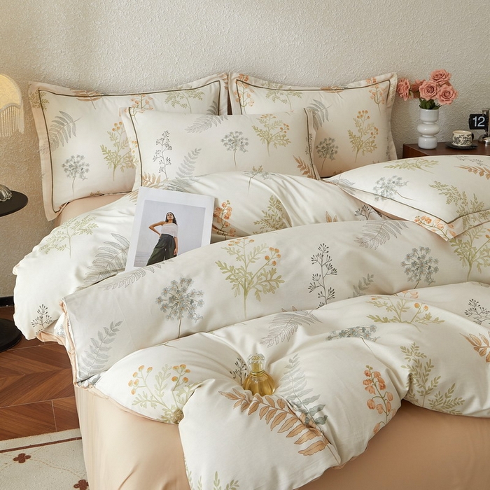 91家纺网 家纺一手货源 找家纺 沐白家居 2026新款亲肤舒适全棉印花四件套 叶时光-桔