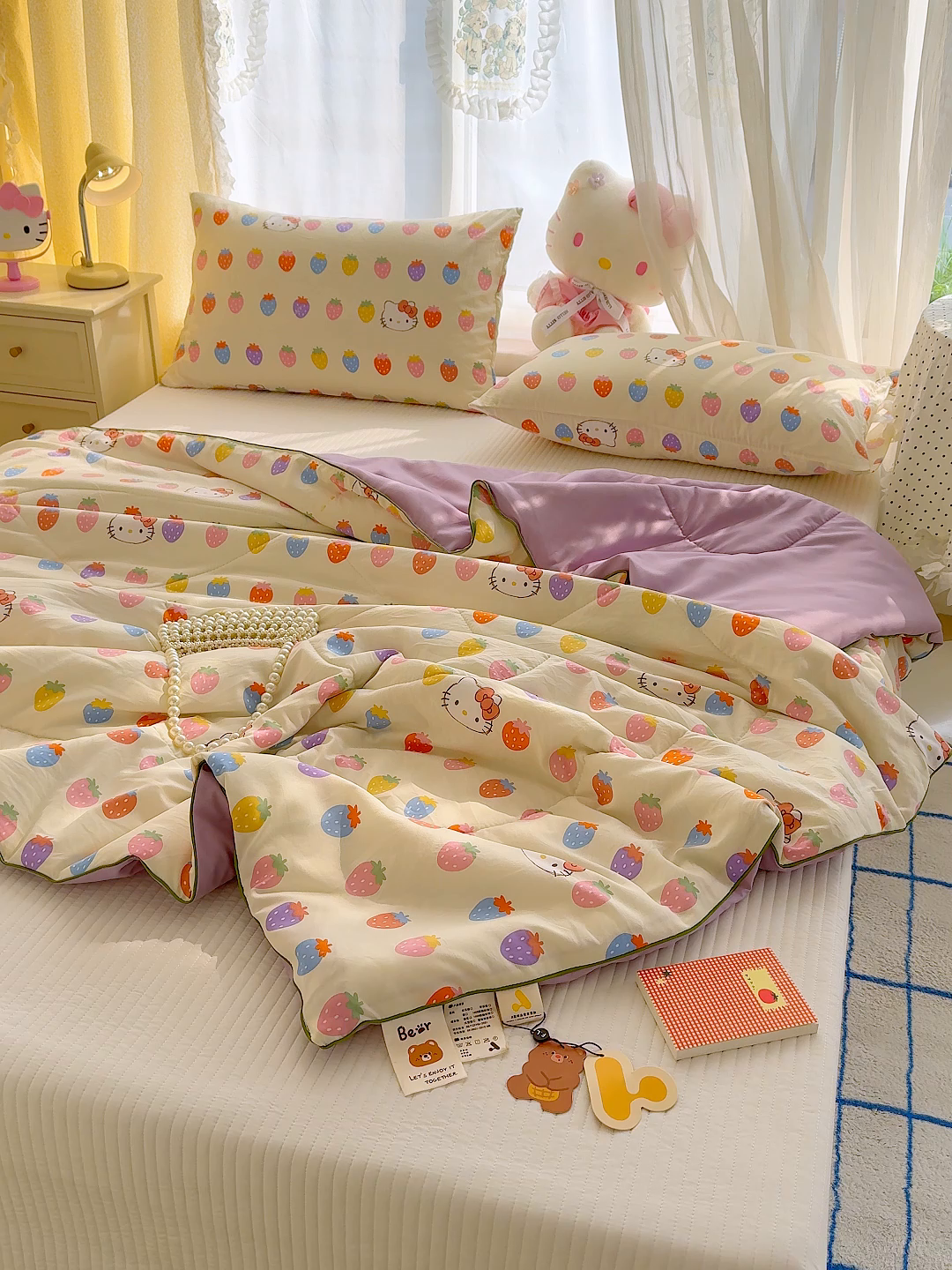 91家纺网 家纺一手货源 找家纺 弗苓家纺 2026新款A类水洗皱皱纱夏被夏凉被空调被 草莓KT