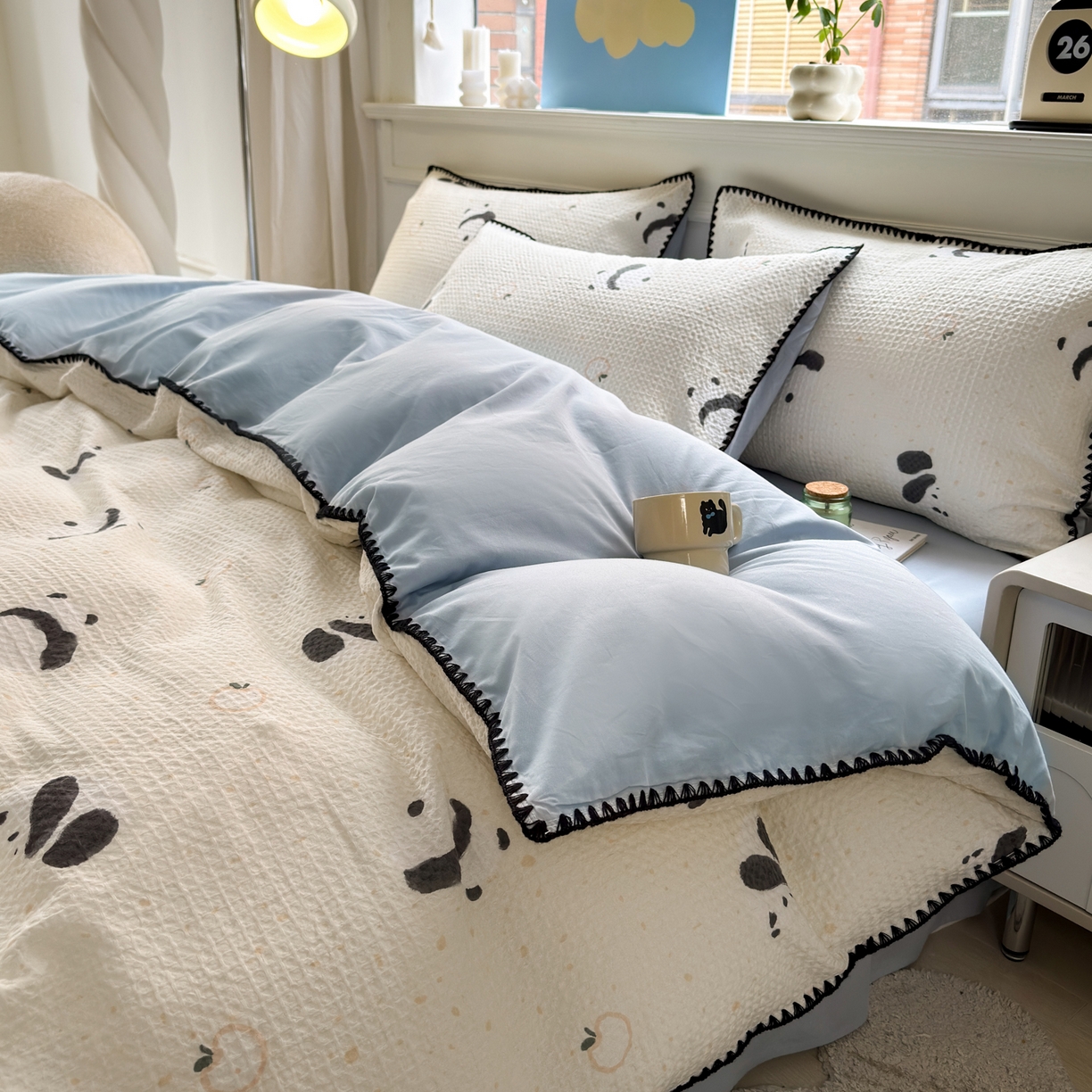 91家纺网 家纺一手货源 找家纺 雯雨家纺 2026新款A类全棉华夫格提花贝壳边工艺四件套 苏潘达灰