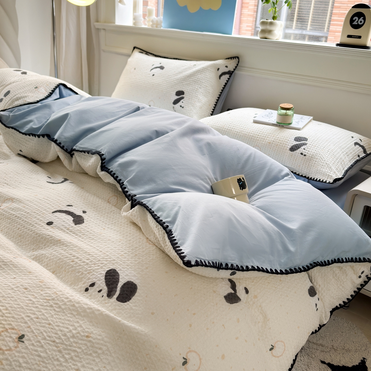 91家纺网 家纺一手货源 找家纺 雯雨家纺 2026新款A类全棉华夫格提花贝壳边工艺四件套 苏潘达灰