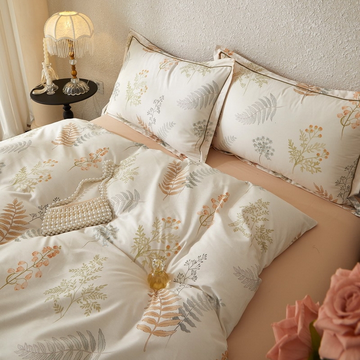 91家纺网 家纺一手货源 找家纺 沐白家居 2026新款亲肤舒适全棉印花四件套 叶时光-桔