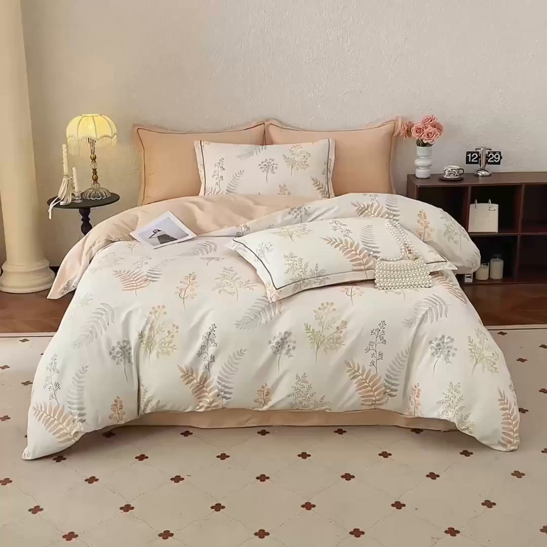 91家纺网 家纺一手货源 找家纺 沐白家居 2026新款亲肤舒适全棉印花四件套 叶时光-桔