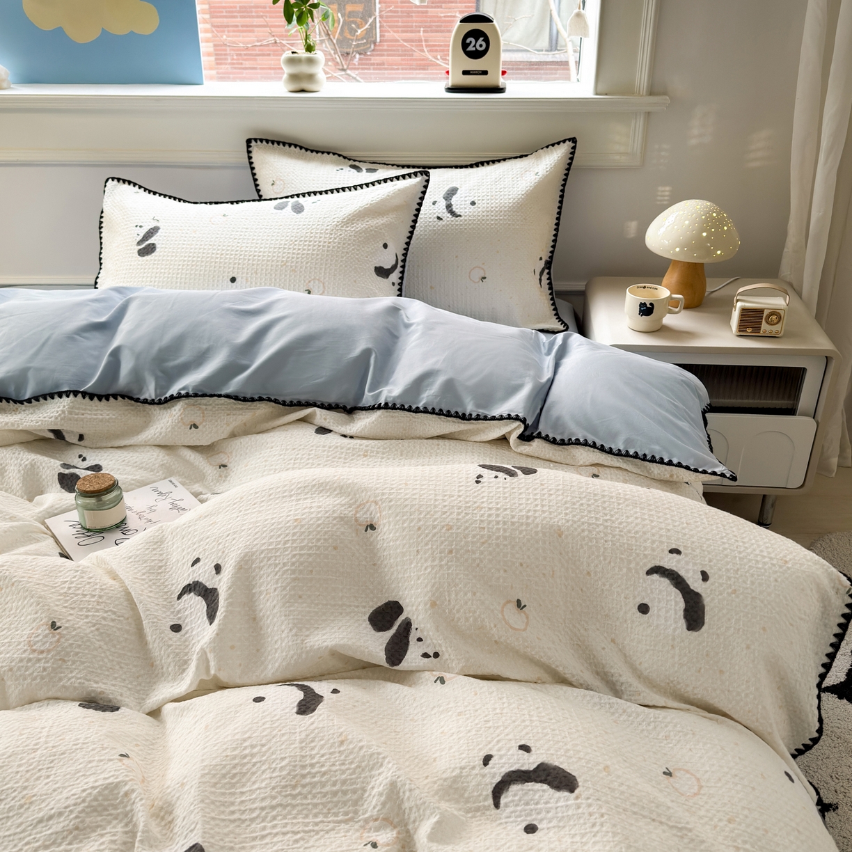 91家纺网 家纺一手货源 找家纺 雯雨家纺 2026新款A类全棉华夫格提花贝壳边工艺四件套 苏潘达灰