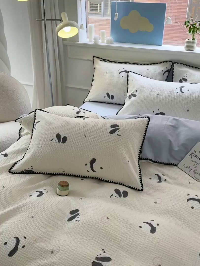 91家纺网 家纺一手货源 找家纺 雯雨家纺 2026新款A类全棉华夫格提花贝壳边工艺四件套 苏潘达灰