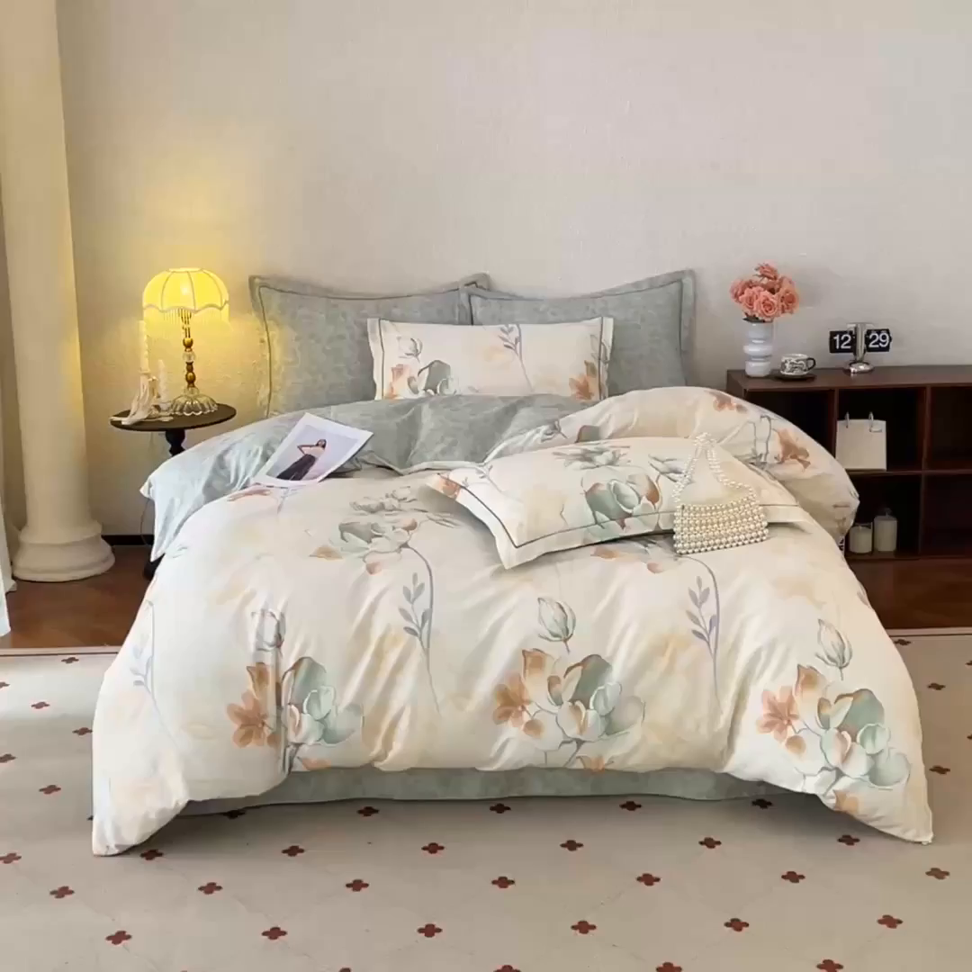 91家纺网 家纺一手货源 找家纺 沐白家居 2026新款亲肤舒适全棉印花四件套 月涟