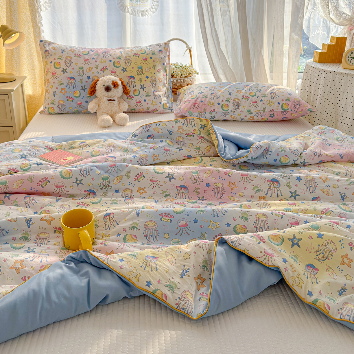 91家纺网 家纺一手货源 找家纺 弗苓家纺 2026新款A类水洗皱皱纱夏被夏凉被空调被 海洋馆