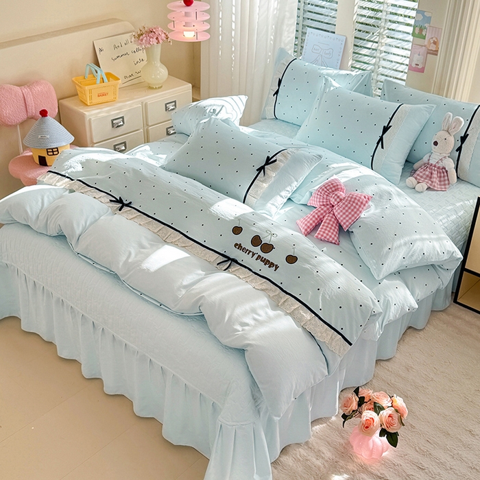 91家纺网 家纺一手货源 找家纺 2025韩版少女心法式公主风水洗棉蕾丝花边夏被床盖款四件套泡泡棉小竺棉凉蝴蝶结夏被床盖款四件套 