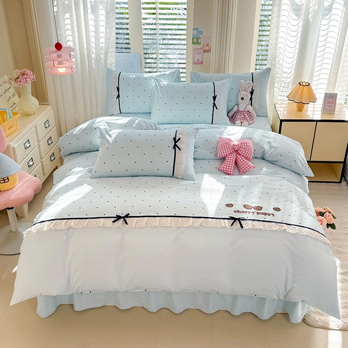 91家纺网 家纺一手货源 找家纺 苏米娜家纺SUMINA 2026新款春夏古法水洗棉床盖款四件套-波点系列 波点-海盐蓝