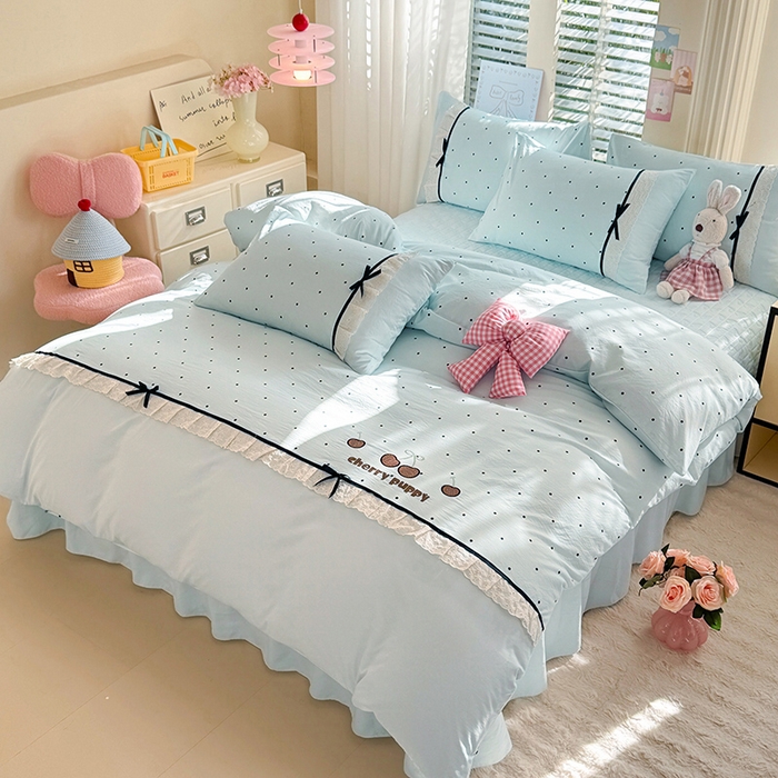 91家纺网 家纺一手货源 找家纺 苏米娜家纺SUMINA 2026新款春夏古法水洗棉床盖款四件套-波点系列 波点-海盐蓝