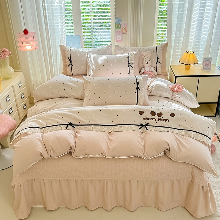 91家纺网 家纺一手货源 找家纺 苏米娜家纺SUMINA 2026新款春夏古法水洗棉床盖款四件套-波点系列 波点-奶咖