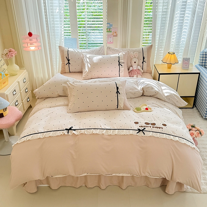 91家纺网 家纺一手货源 找家纺 苏米娜家纺SUMINA 2026新款春夏古法水洗棉床盖款四件套-波点系列 波点-奶咖