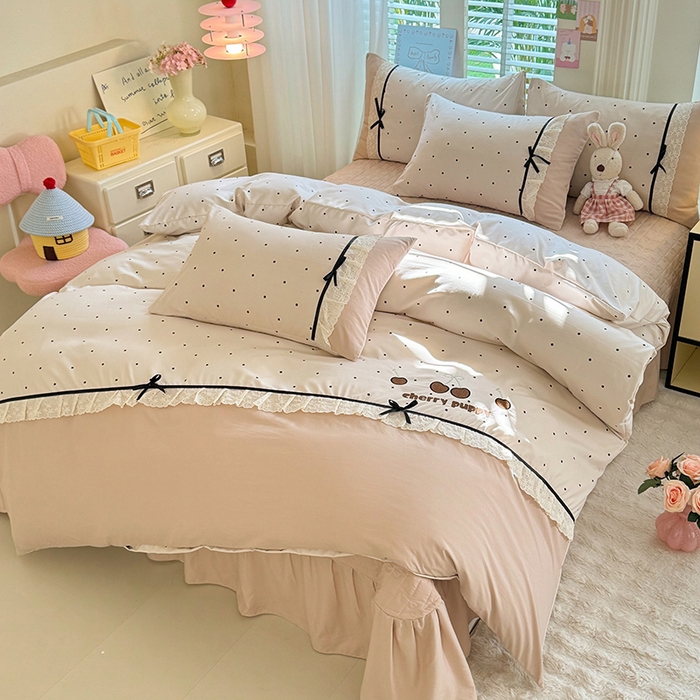 91家纺网 家纺一手货源 找家纺 苏米娜家纺SUMINA 2026新款春夏古法水洗棉床盖款四件套-波点系列 波点-奶咖