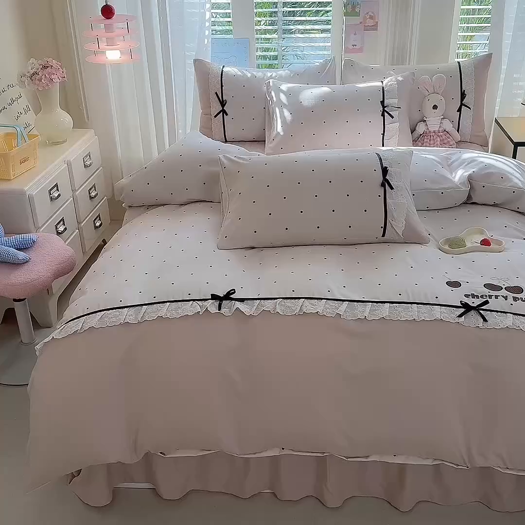 91家纺网 家纺一手货源 找家纺 苏米娜家纺SUMINA 2026新款春夏古法水洗棉床盖款四件套-波点系列 波点-奶咖