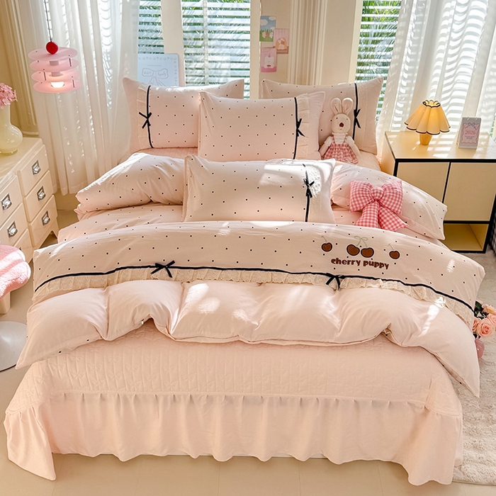 91家纺网 家纺一手货源 找家纺 苏米娜家纺SUMINA 2026新款春夏古法水洗棉床盖款四件套-波点系列 波点-香雪粉