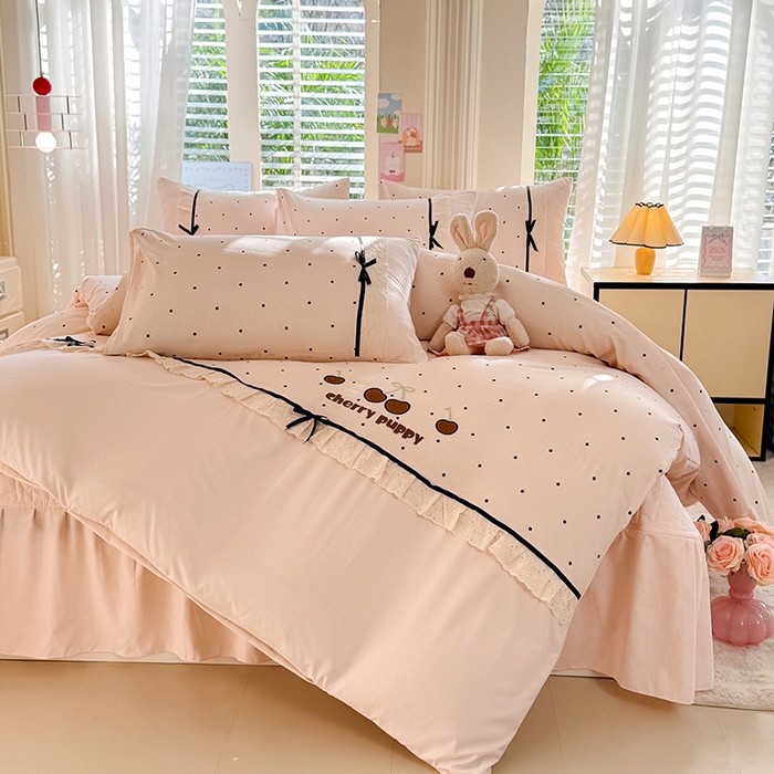 91家纺网 家纺一手货源 找家纺 苏米娜家纺SUMINA 2026新款春夏古法水洗棉床盖款四件套-波点系列 波点-香雪粉