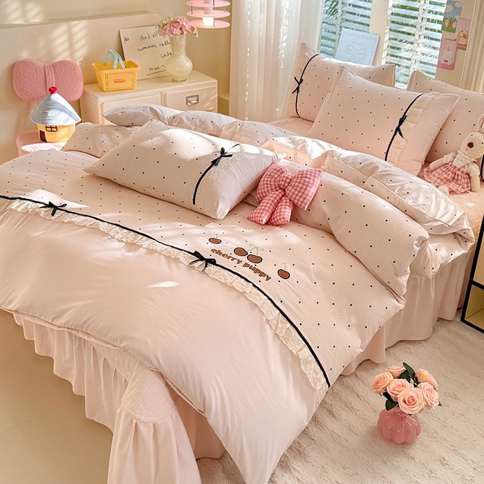 91家纺网 家纺一手货源 找家纺 苏米娜家纺SUMINA 2026新款春夏古法水洗棉床盖款四件套-波点系列 波点-香雪粉