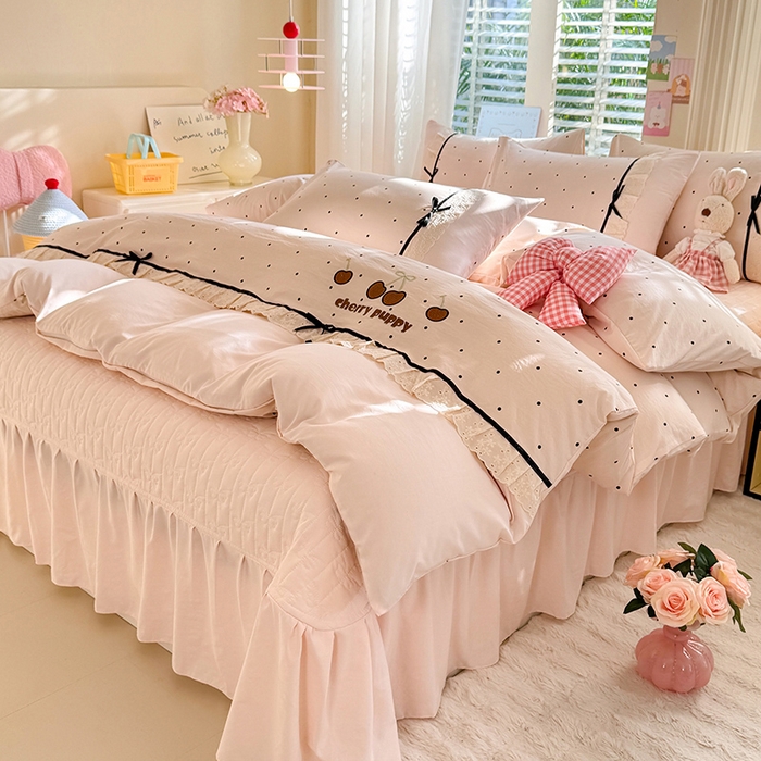 91家纺网 家纺一手货源 找家纺 苏米娜家纺SUMINA 2026新款春夏古法水洗棉床盖款四件套-波点系列 波点-香雪粉