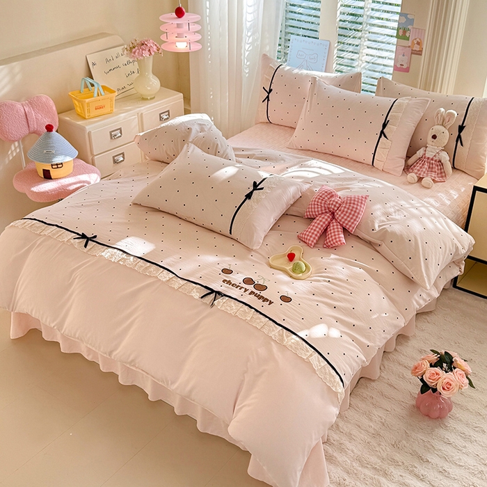 91家纺网 家纺一手货源 找家纺 苏米娜家纺SUMINA 2026新款春夏古法水洗棉床盖款四件套-波点系列 波点-香雪粉