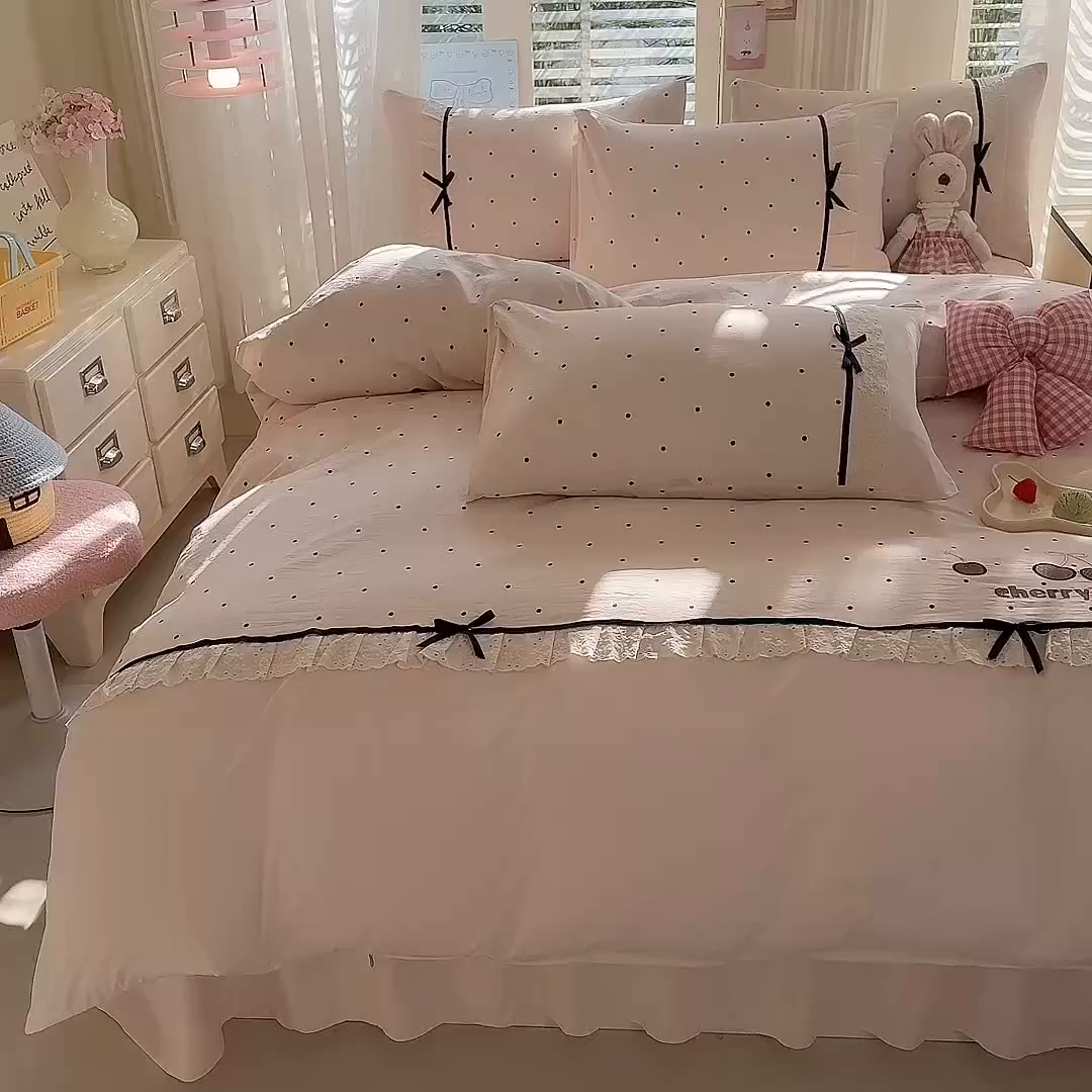 91家纺网 家纺一手货源 找家纺 苏米娜家纺SUMINA 2026新款春夏古法水洗棉床盖款四件套-波点系列 波点-香雪粉
