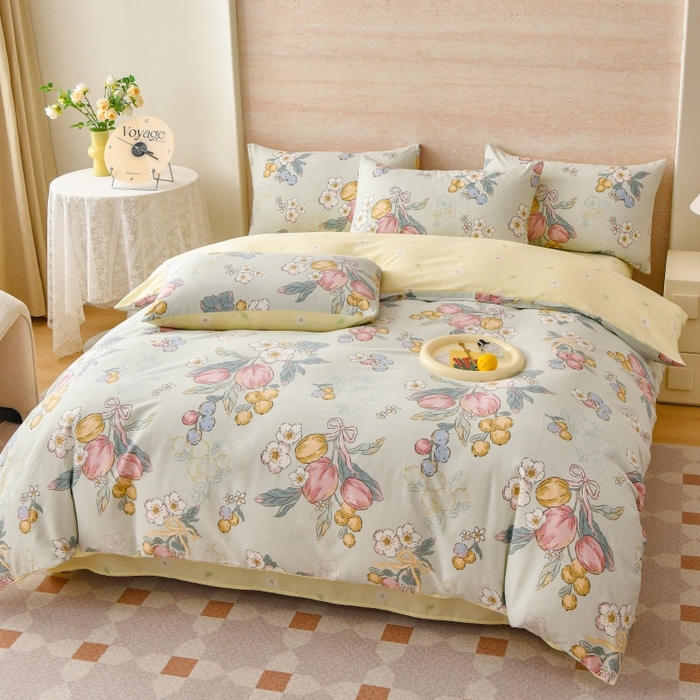 91家纺网 家纺一手货源 找家纺 宇彬家纺 2026直播新款13070A类全棉纯棉印花床单床笠款四件套和单被套喷气清新简约（缩水足可定做） 硕果