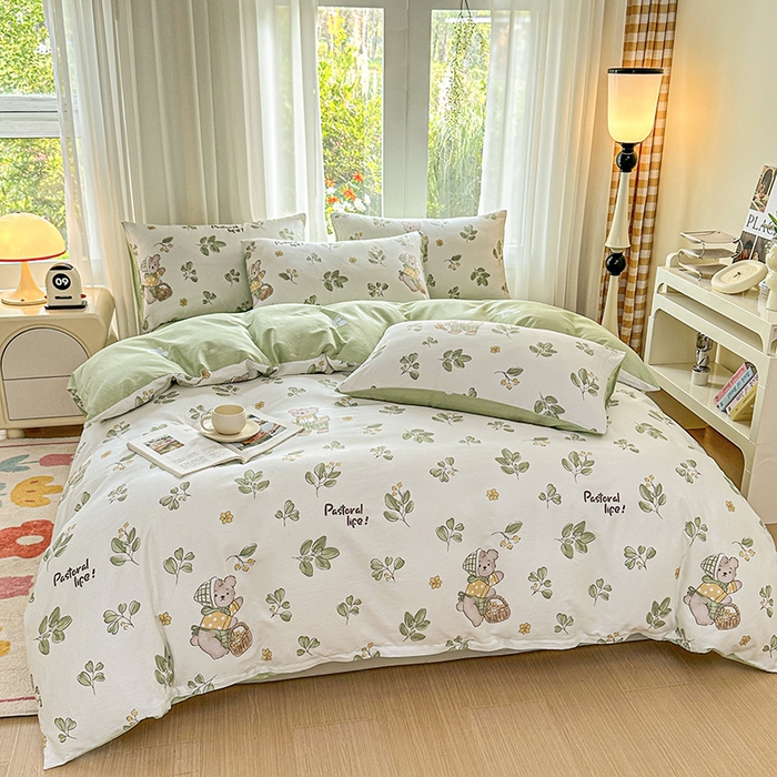 91家纺网 家纺一手货源 找家纺 宇彬家纺 2026直播新款13070A类全棉纯棉印花床单床笠款四件套和单被套喷气清新简约（缩水足可定做） 米粒熊