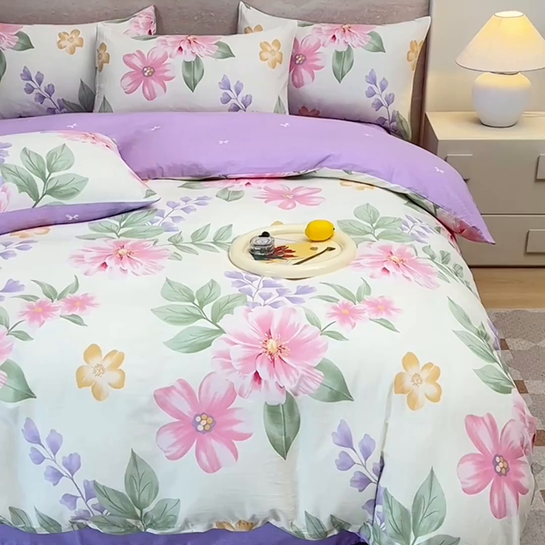 91家纺网 家纺一手货源 找家纺 宇彬家纺 2026直播新款13070A类全棉纯棉印花床单床笠款四件套和单被套喷气清新简约（缩水足可定做） 夏日