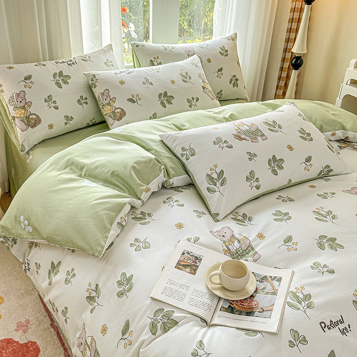 91家纺网 家纺一手货源 找家纺 宇彬家纺 2026直播新款13070A类全棉纯棉印花床单床笠款四件套和单被套喷气清新简约（缩水足可定做） 米粒熊