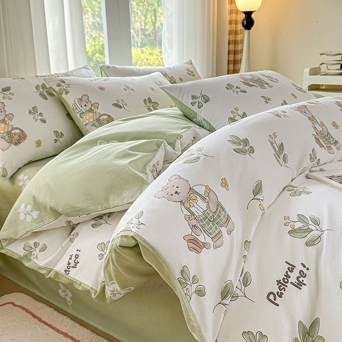 宇彬家纺 2026直播新款13070A类全棉纯棉印花床单床笠款四件套和单被套喷气清新简约（缩水足可定做） 米粒熊