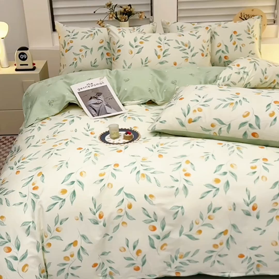 91家纺网 家纺一手货源 找家纺 宇彬家纺 2026直播新款13070A类全棉纯棉印花床单床笠款四件套和单被套喷气清新简约（缩水足可定做） 枝间梦