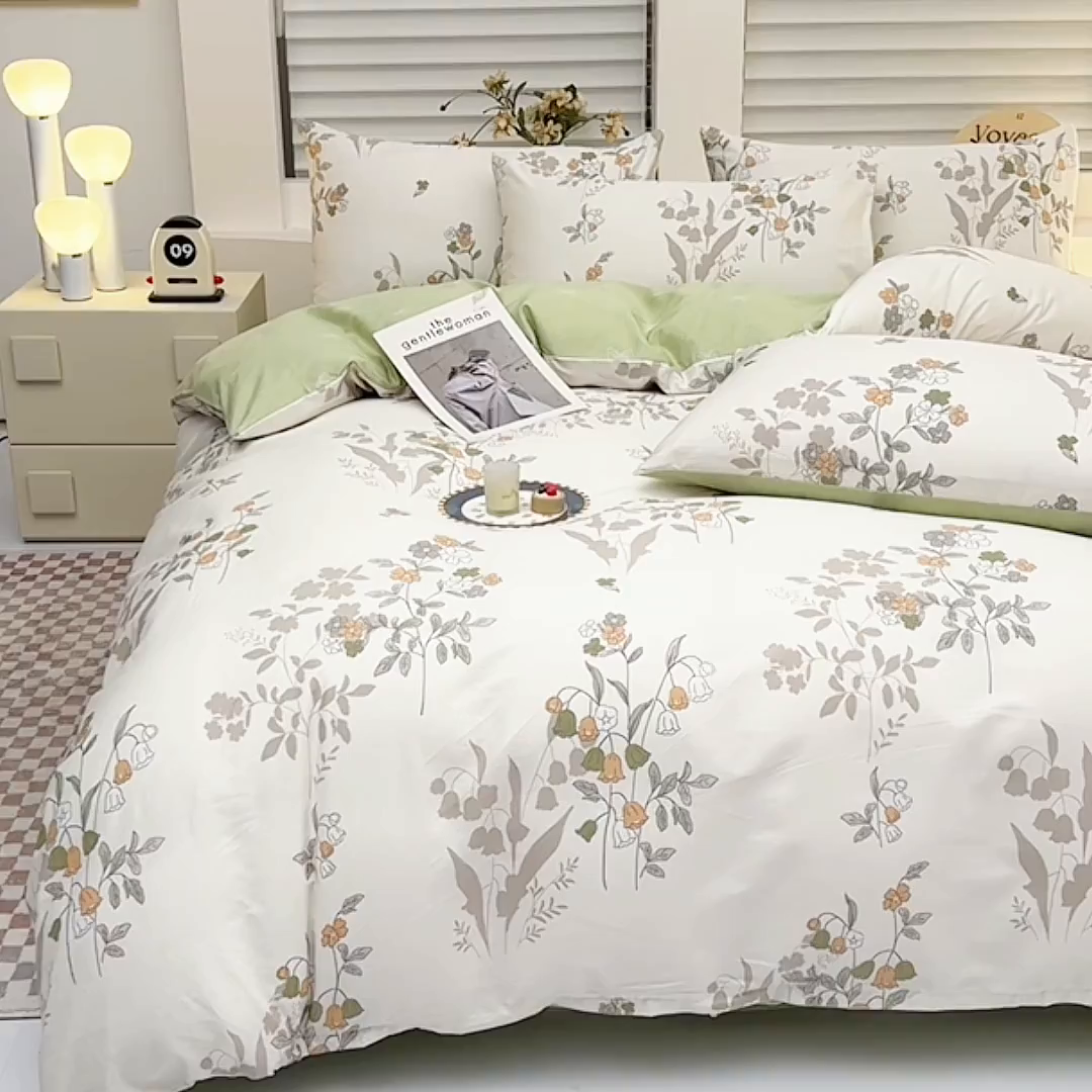 91家纺网 家纺一手货源 找家纺 宇彬家纺 2026直播新款13070A类全棉纯棉印花床单床笠款四件套和单被套喷气清新简约（缩水足可定做） 花香寻梦