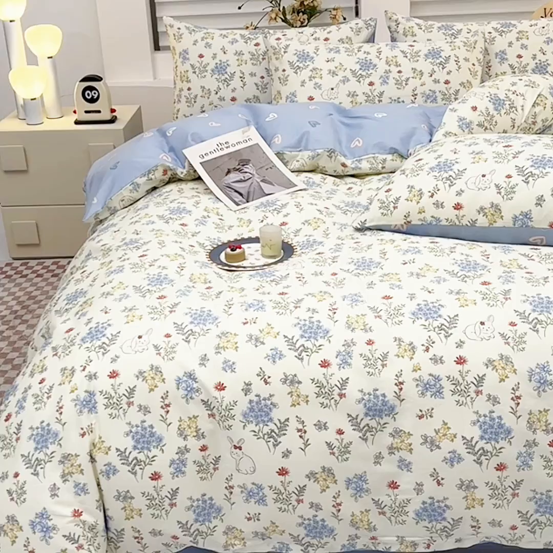 91家纺网 家纺一手货源 找家纺 宇彬家纺 2026直播新款13070A类全棉纯棉印花床单床笠款四件套和单被套喷气清新简约（缩水足可定做） 仙草兔