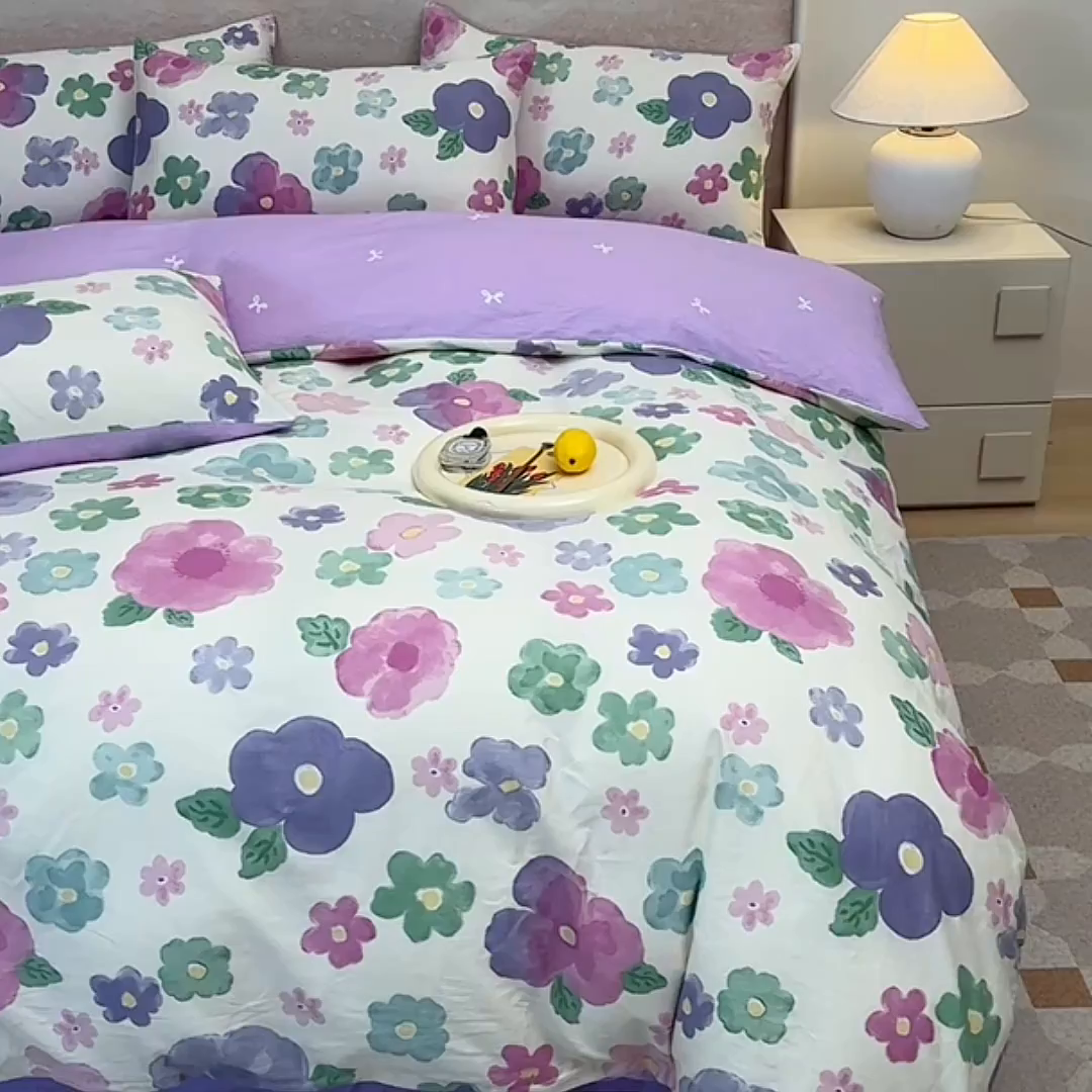 91家纺网 家纺一手货源 找家纺 宇彬家纺 2026直播新款13070A类全棉纯棉印花床单床笠款四件套和单被套喷气清新简约（缩水足可定做） 小甜美