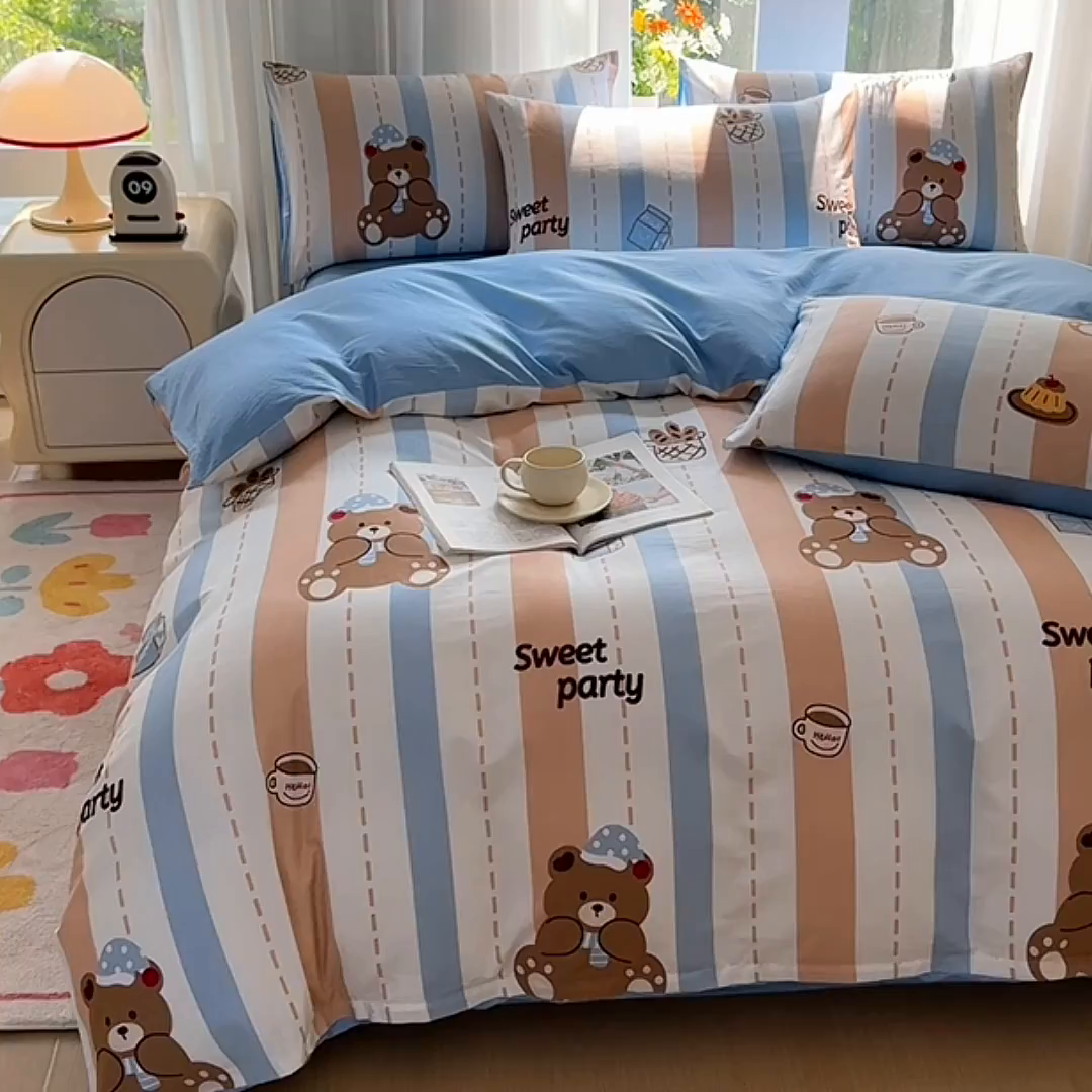 91家纺网 家纺一手货源 找家纺 宇彬家纺 2026直播新款13070A类全棉纯棉印花床单床笠款四件套和单被套喷气清新简约（缩水足可定做） 休闲小熊