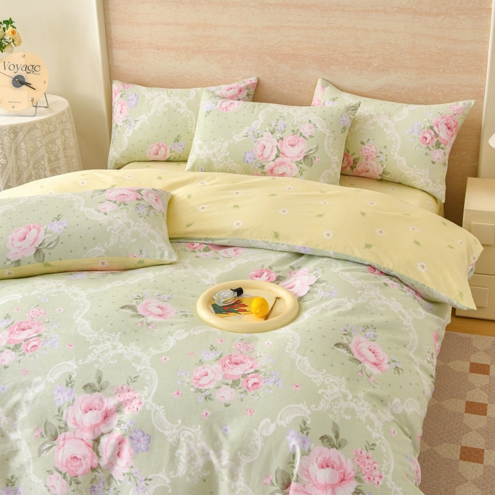 91家纺网 家纺一手货源 找家纺 宇彬家纺 2026直播新款13070A类全棉纯棉印花床单床笠款四件套和单被套喷气清新简约（缩水足可定做） 米绿韵粉黛