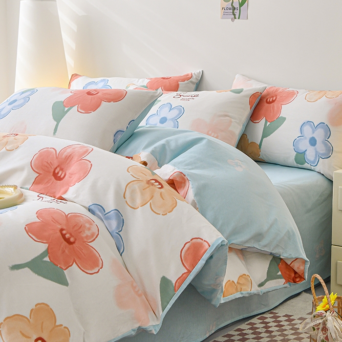 宇彬家纺 2026直播新款13070A类全棉纯棉印花床单床笠款四件套和单被套喷气清新简约（缩水足可定做） 幸福花花