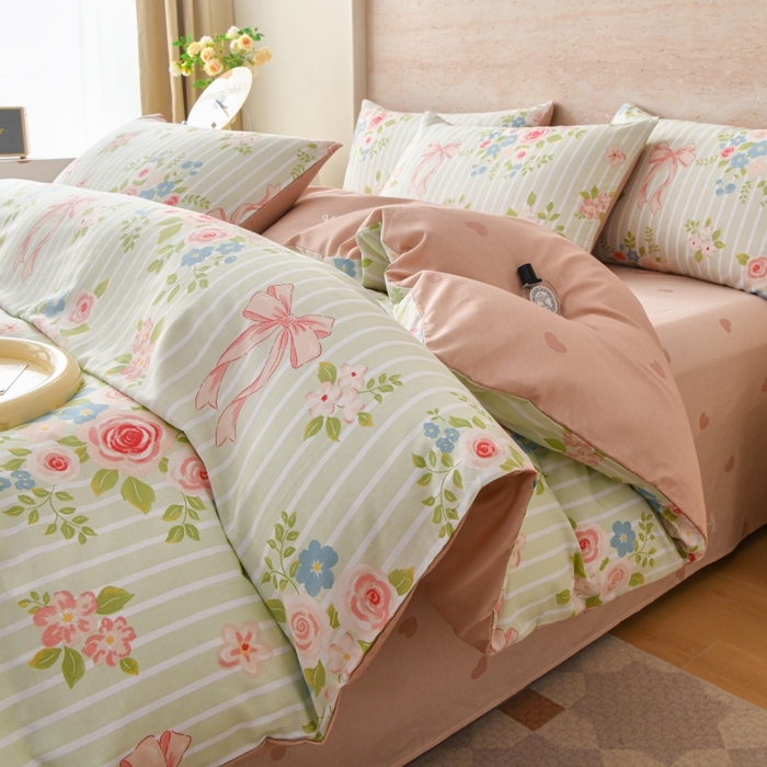 宇彬家纺 2026直播新款13070A类全棉纯棉印花床单床笠款四件套和单被套喷气清新简约（缩水足可定做） 清婉花语