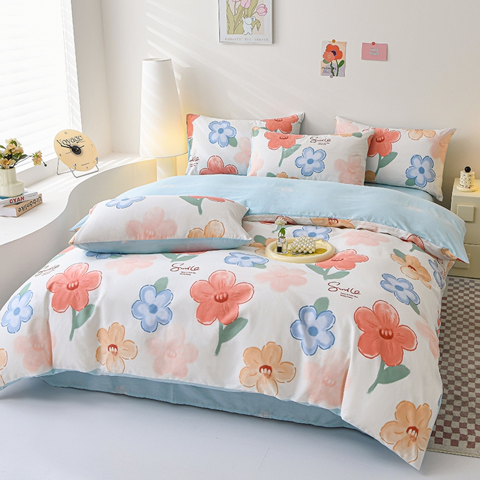 91家纺网 家纺一手货源 找家纺 宇彬家纺 2026直播新款13070A类全棉纯棉印花床单床笠款四件套和单被套喷气清新简约（缩水足可定做） 幸福花花