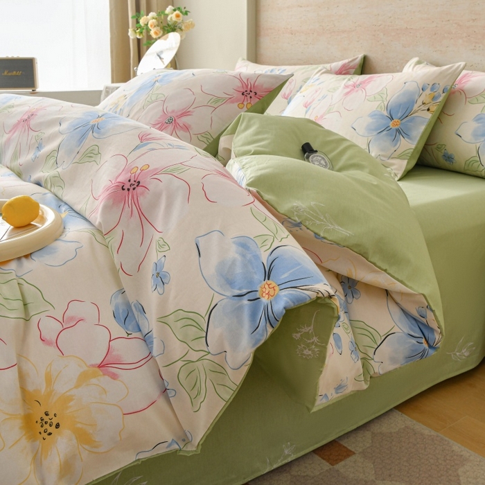 宇彬家纺 2026直播新款13070A类全棉纯棉印花床单床笠款四件套和单被套喷气清新简约（缩水足可定做） 青棠涧