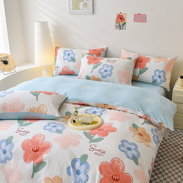 91家纺网 家纺一手货源 找家纺 宇彬家纺 2026直播新款13070A类全棉纯棉印花床单床笠款四件套和单被套喷气清新简约（缩水足可定做） 幸福花花