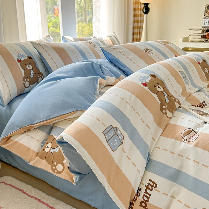 宇彬家纺 2026直播新款13070A类全棉纯棉印花床单床笠款四件套和单被套喷气清新简约（缩水足可定做） 休闲小熊