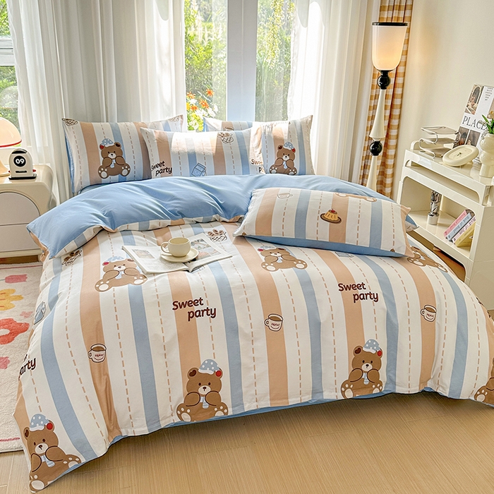 91家纺网 家纺一手货源 找家纺 宇彬家纺 2026直播新款13070A类全棉纯棉印花床单床笠款四件套和单被套喷气清新简约（缩水足可定做） 休闲小熊