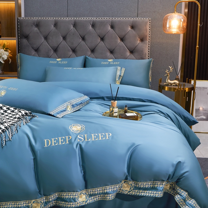 91家纺网 家纺一手货源 找家纺 慕她家纺 2026年全棉纯棉婚庆四件套大红色刺绣结床上用品 倾心 蓝灰