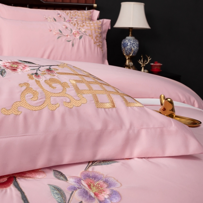 91家纺网 家纺一手货源 找家纺 慕她家纺 2026年全棉纯棉婚庆四件套大红色刺绣结床上用品 暗香 豆沙