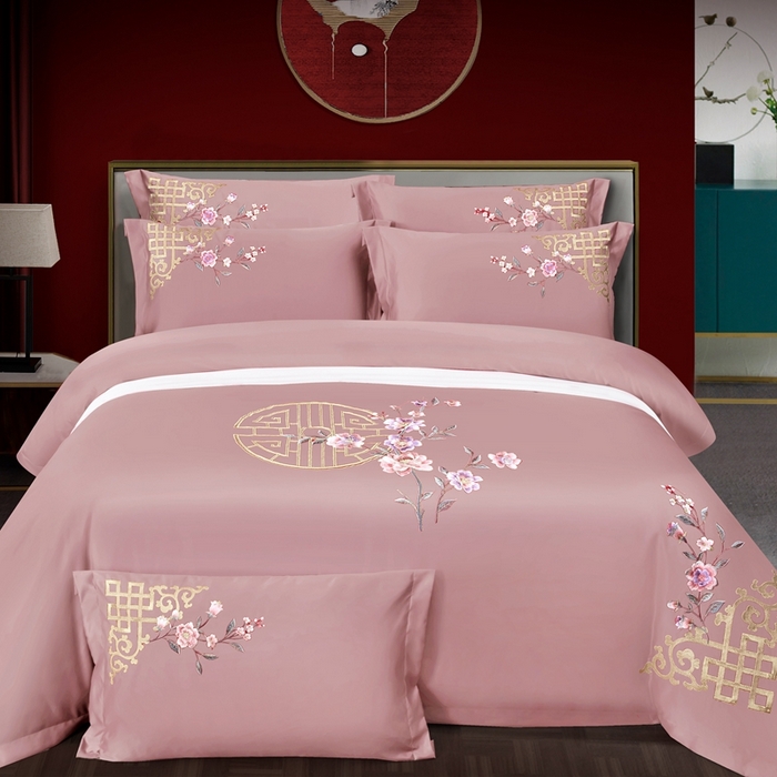 慕她家纺 2026年全棉纯棉婚庆四件套大红色刺绣结床上用品 暗香 豆沙