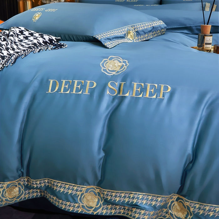 91家纺网 家纺一手货源 找家纺 慕她家纺 2026年全棉纯棉婚庆四件套大红色刺绣结床上用品 倾心 蓝灰