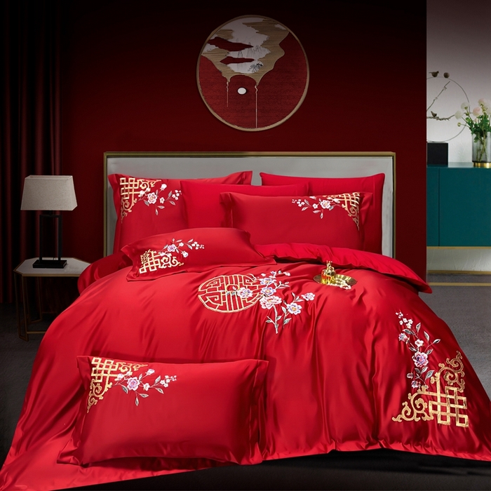 慕她家纺 2026年全棉纯棉婚庆四件套大红色刺绣结床上用品 暗香 大红