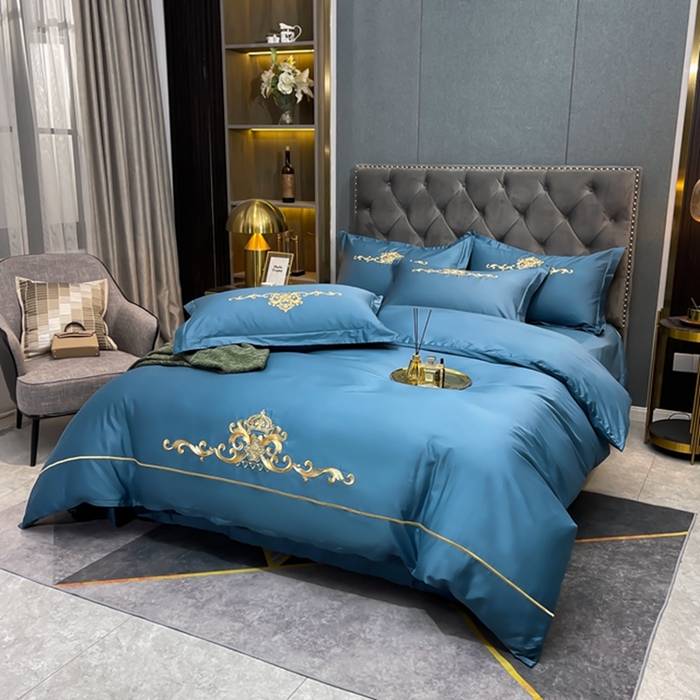 91家纺网 家纺一手货源 找家纺 慕她家纺 2026年全棉纯棉婚庆四件套大红色刺绣结床上用品 皇家风范蓝灰