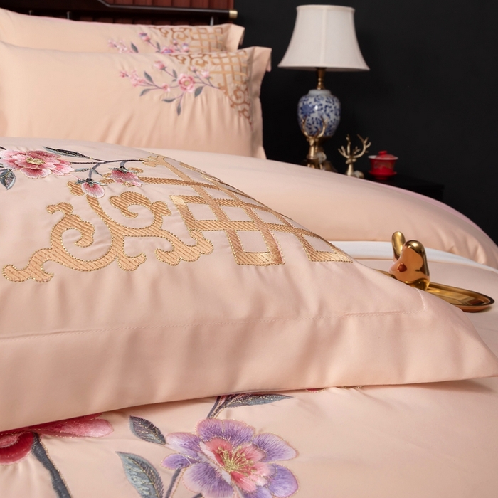 91家纺网 家纺一手货源 找家纺 慕她家纺 2026年全棉纯棉婚庆四件套大红色刺绣结床上用品 暗香 驼色