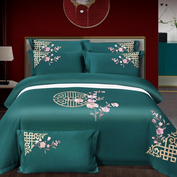 慕她家纺 2026年全棉纯棉婚庆四件套大红色刺绣结床上用品 暗香 孔雀绿